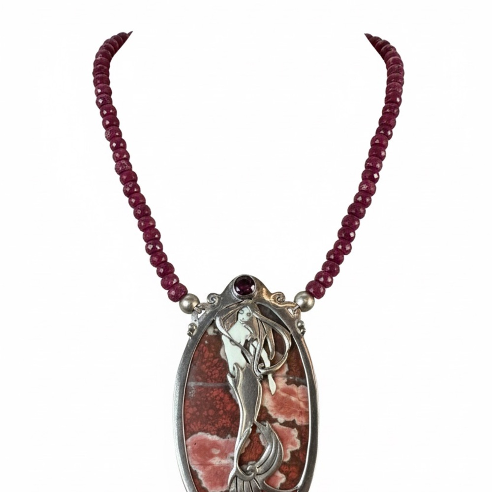 Elegant Silver sterling mermaid and ruby Beaded Necklace